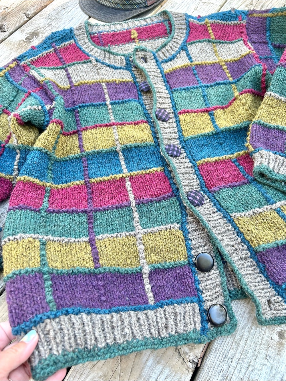 Artisan patchwork vibe boho wool knit sweater w cottagecore country prairie vibe - Picture 12 of 16